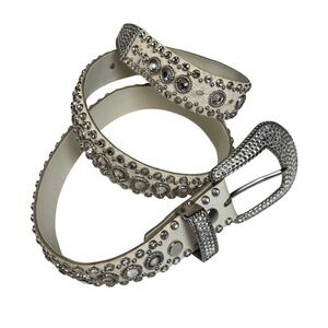 Kippys Rhinestone White Leather Belt Western Bling Y2K Cowgirl Festival Glam 32